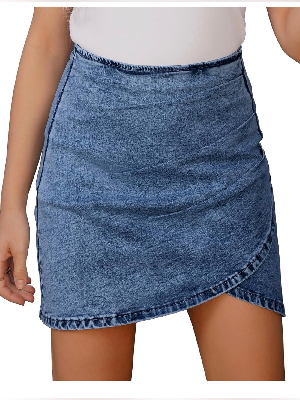 Tulip Hem Shirred Washed Denim Short Skirt (L)